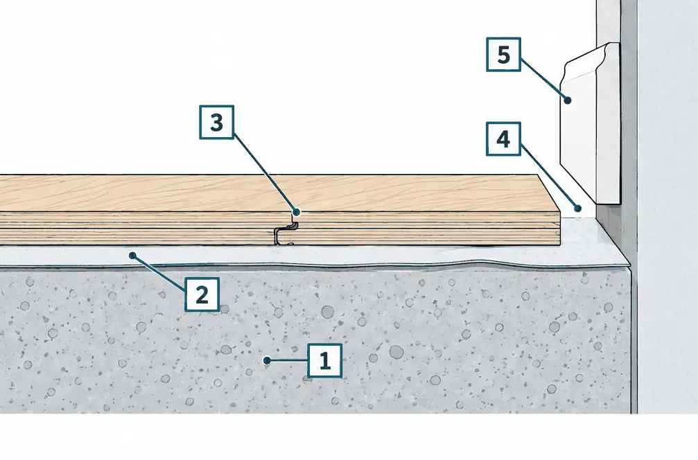 Diagram: cross-section of a floating engineered floor over underlayment on a concrete slab with a gap at the wall covered by a baseboard