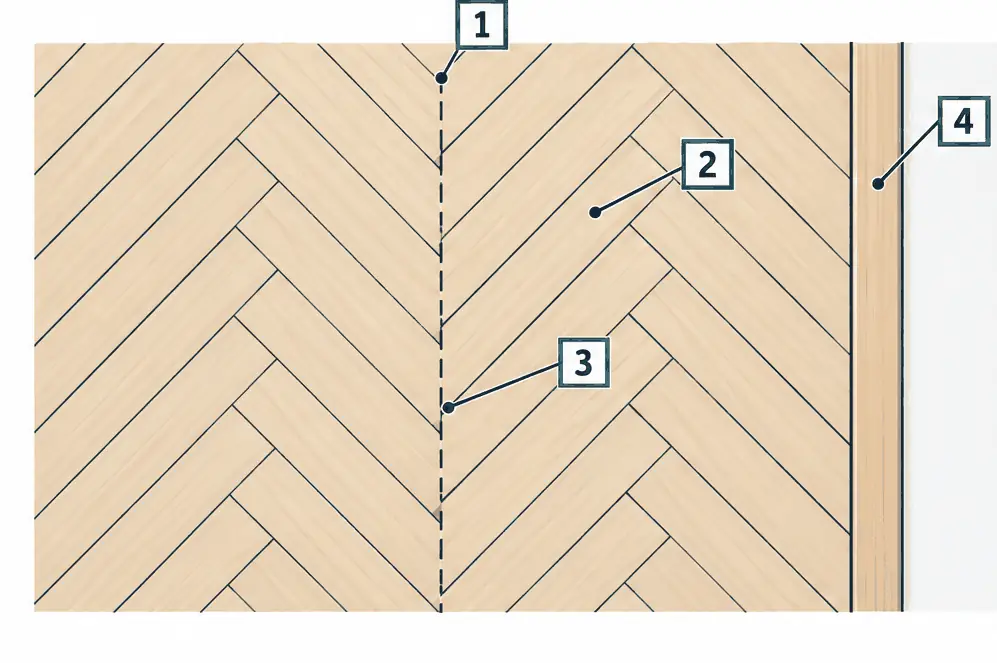 Diagram: top view of a herringbone floor, equal short planks meeting at right angles along a centre line, with a straight border plank at the wall