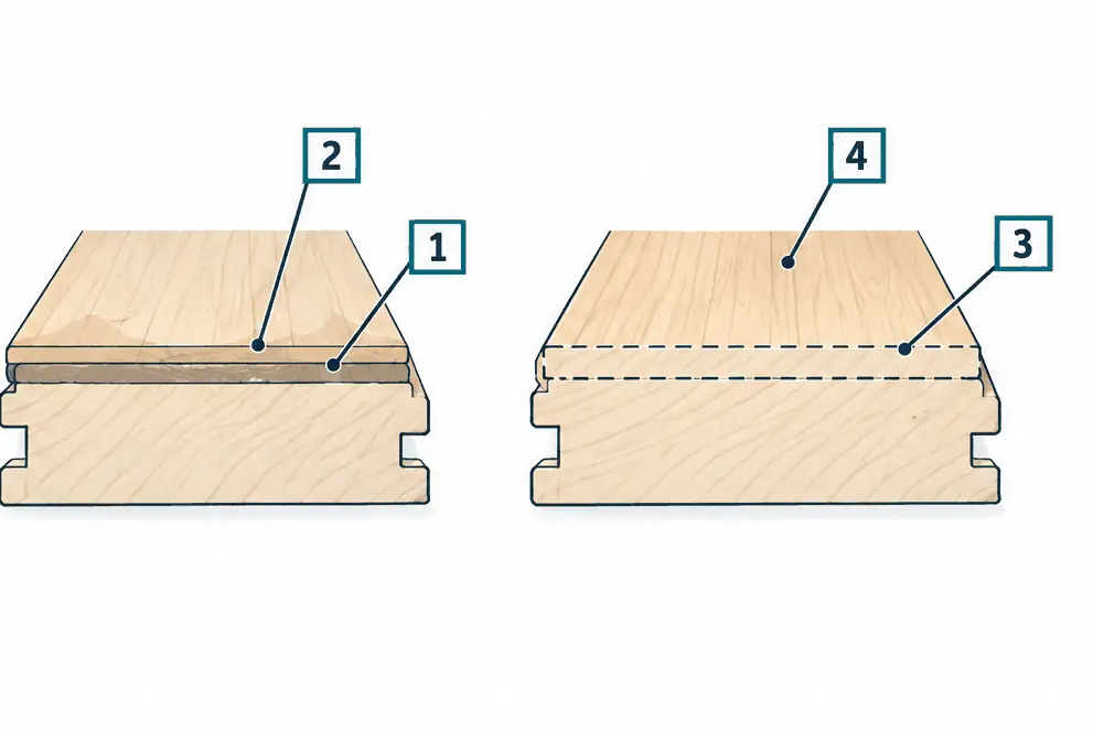 Diagram: two board sections; left, a new coat over the scuffed old finish; right, the board sanded through the old finish into wood, then new coats