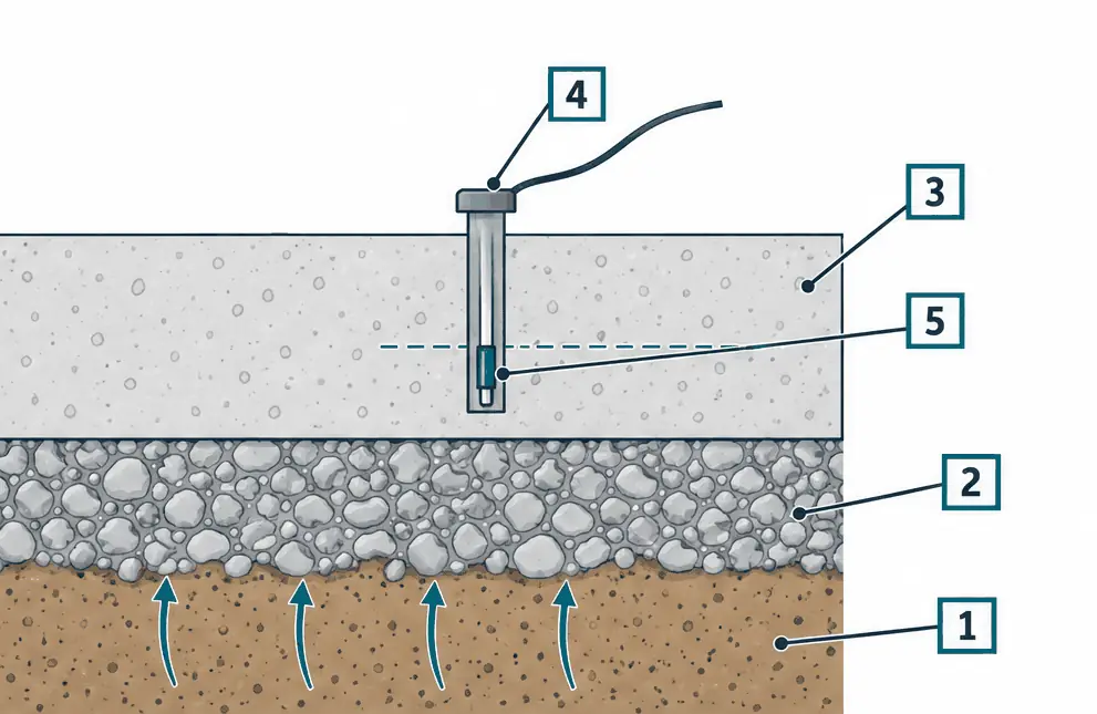 Diagram: cross-section of a concrete slab on gravel and soil, a drilled hole with a sealed sensor inside the slab at about two-fifths of its depth and moisture arrows rising from the soil