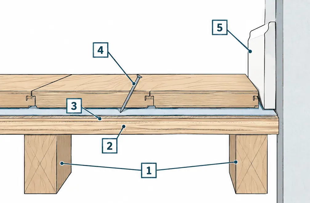 Diagram: cross-section of a solid hardwood floor nailed to a plywood subfloor over joists, with felt paper, tongue-and-groove boards, and a finish on top