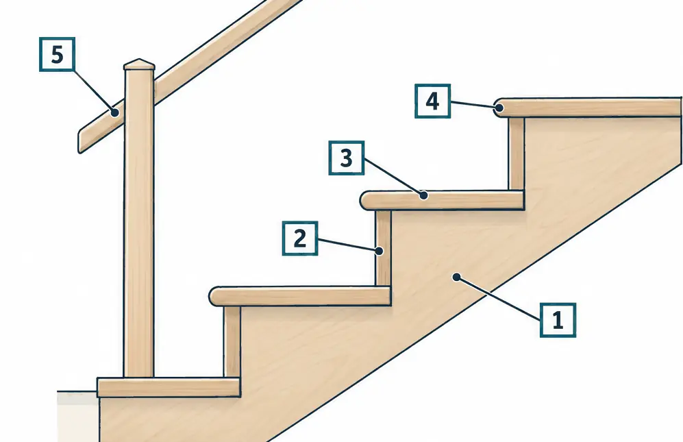 Diagram: side section of three steps, a sloped stringer, a vertical riser, a horizontal tread on top, the rounded nosing overhanging the riser, and a handrail post and rail
