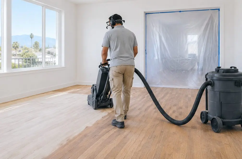 Illustration: a sanding machine with a vacuum hose running to a canister, plastic sheeting over a doorway and a half-sanded oak floor in a bright room in Ontario, CA