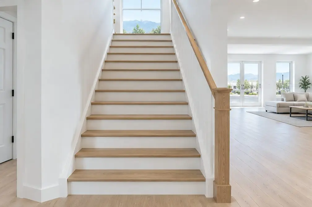 Illustration: a straight oak staircase with white painted risers and a wooden handrail in an Ontario, CA home, light from a window above the landing