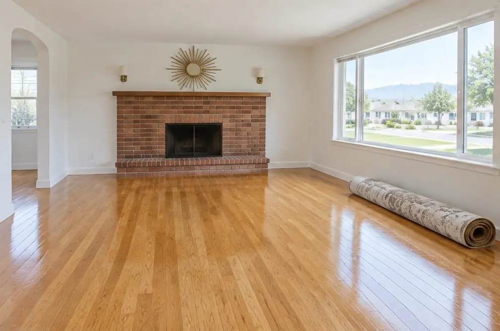 Illustration: a refinished honey-toned oak strip floor in a 1950s Ontario, CA living room with a brick fireplace, a front window and a rug rolled to one side