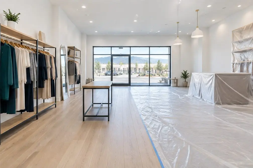 Illustration: a boutique in Ontario, CA with an oak floor, clothing racks pushed to one side and half the sales floor covered in plastic during an after-hours recoat