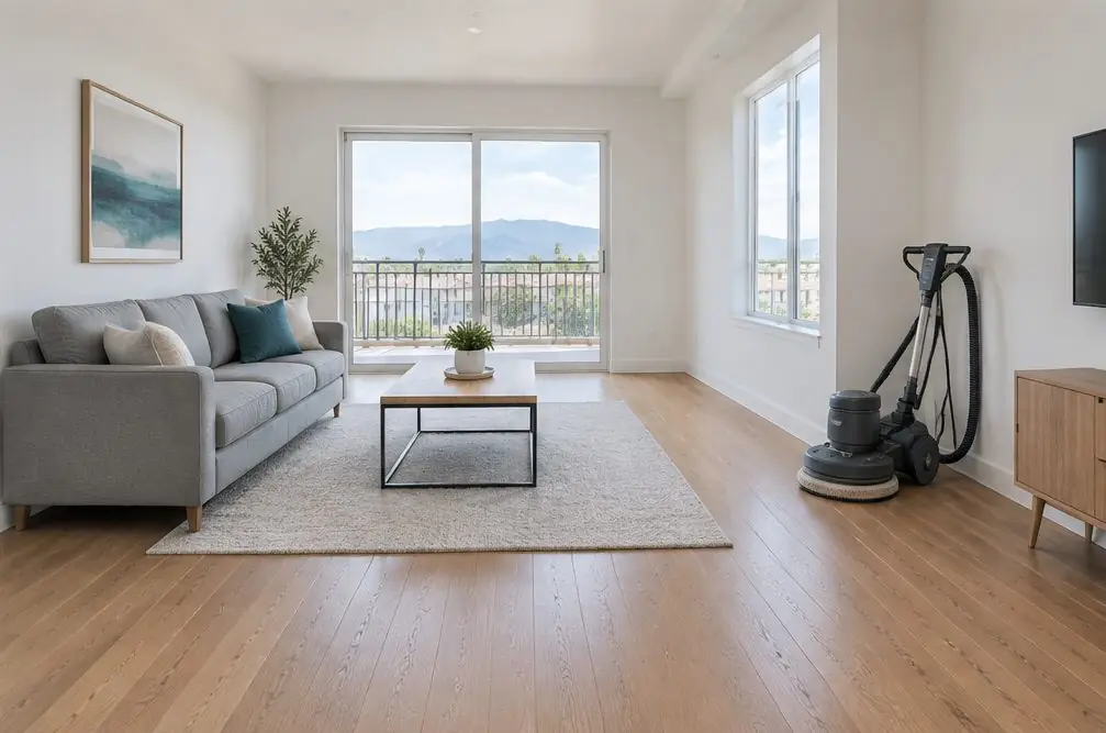 Illustration: a condo living room in Ontario, CA with a satin-finished oak floor, a gray sofa pushed to one wall and a floor buffer with a screen pad standing in a corner