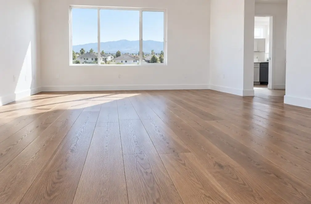 Illustration: the same room with a finished medium-brown oak plank floor and a window with afternoon light