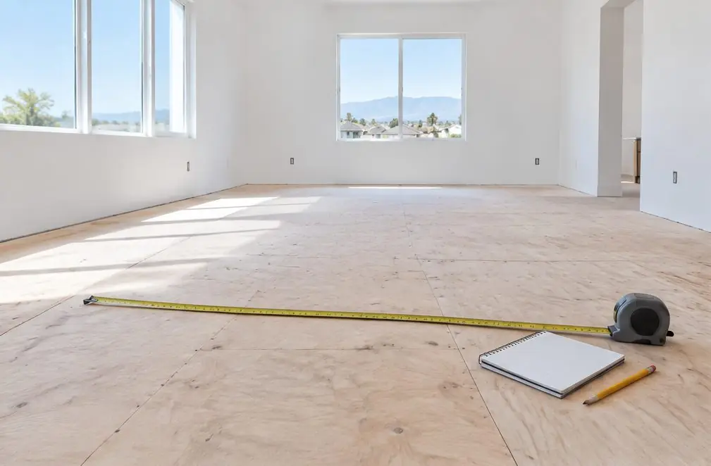 Illustration: a tape measure stretched across a bare plywood subfloor with a notebook and a pencil beside it