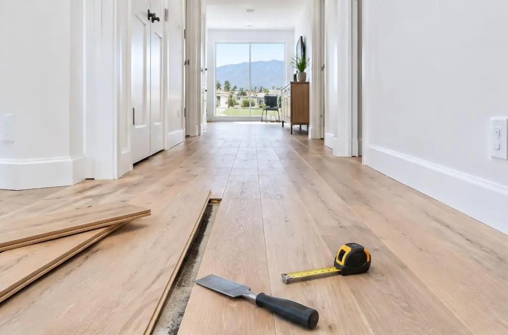 Illustration: a few new oak boards being fitted into an existing floor, a chisel and a tape measure beside a neat gap in the wood, an Ontario, CA hallway behind