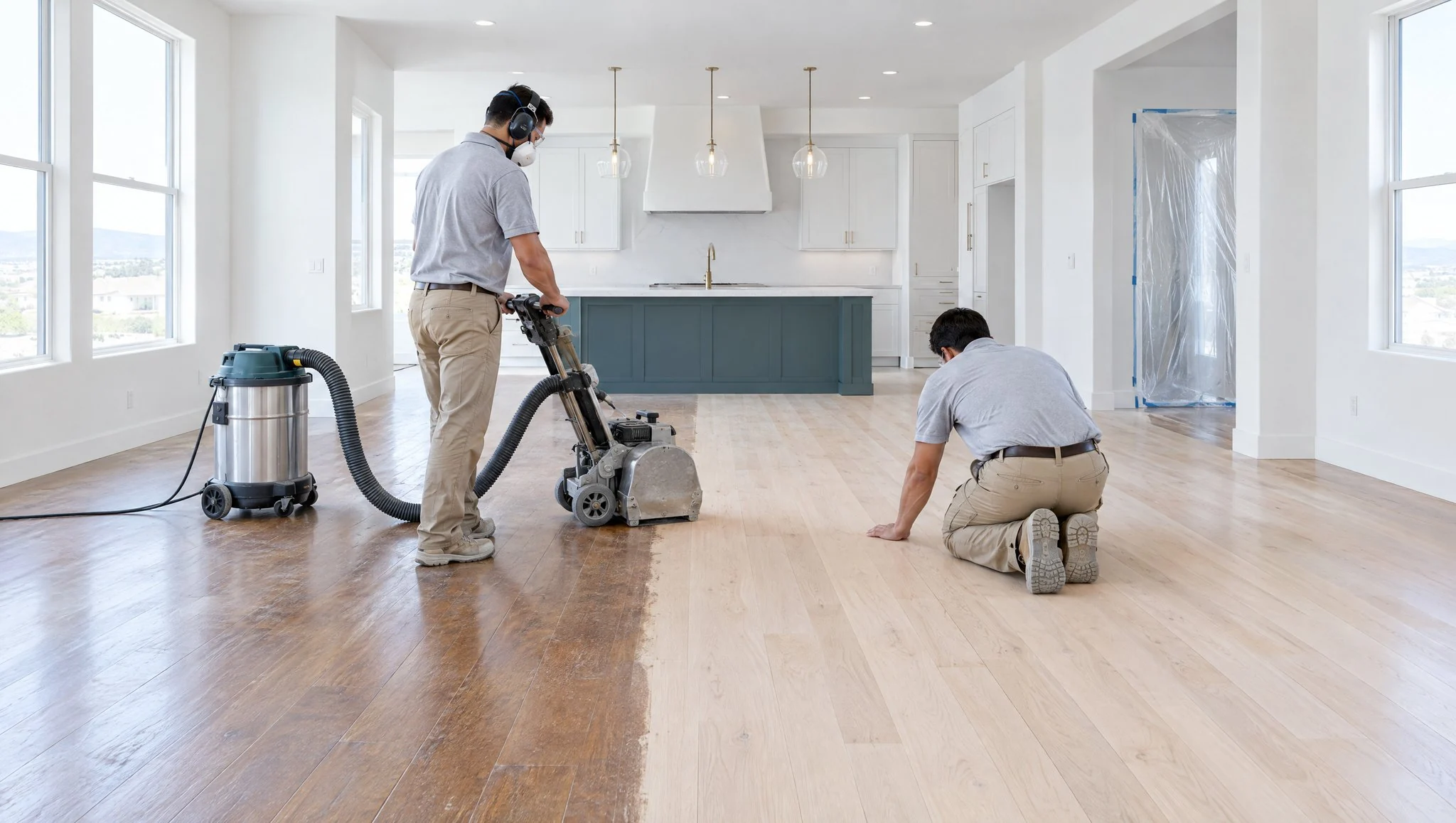 Illustration: two flooring crew members in matching uniforms in a bright living room in an Ontario, CA house, one sanding a hardwood floor with a vacuum-connected machine and the other checking the finish, no brands (AI-generated)
