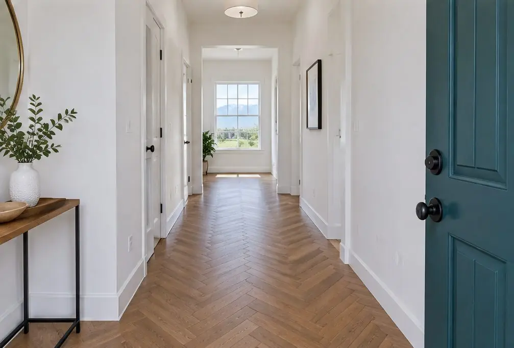 Illustration: a hallway and entry in an Ontario, CA home with a herringbone oak floor in a medium brown tone, seen from the doorway toward a window