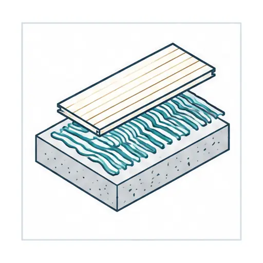 Schematic: Concrete slab, glue-down with a moisture barrier