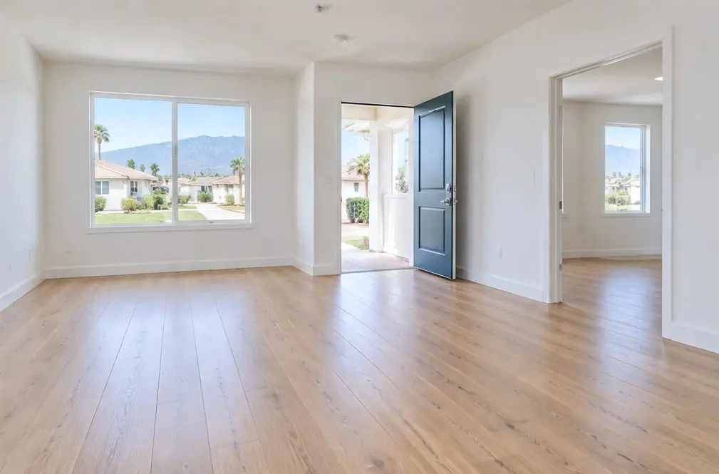 Illustration: an empty two-bedroom rental unit in Ontario, CA with a freshly finished oak floor, bare walls and the front door open to a bright breezeway