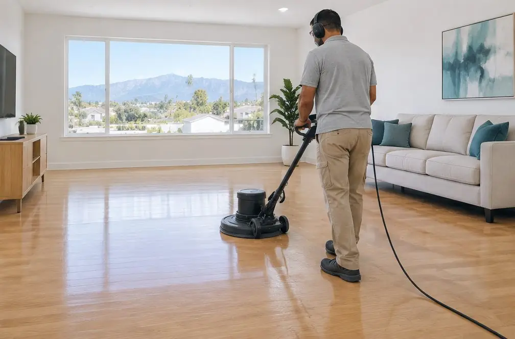 Illustration: a buffing machine with a screen pad gliding across a satin-finished oak floor in an Ontario, CA family room, a sofa pushed to the wall