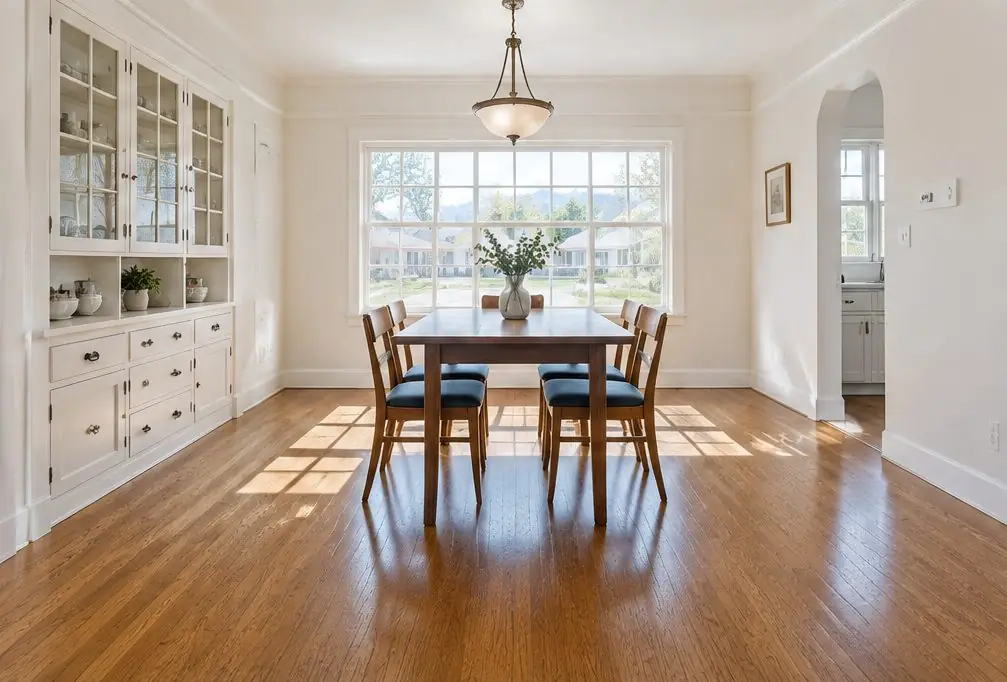 Illustration: a 1950s Ontario, CA bungalow dining room with a warm natural solid oak floor, a built-in china cabinet and light from a front window