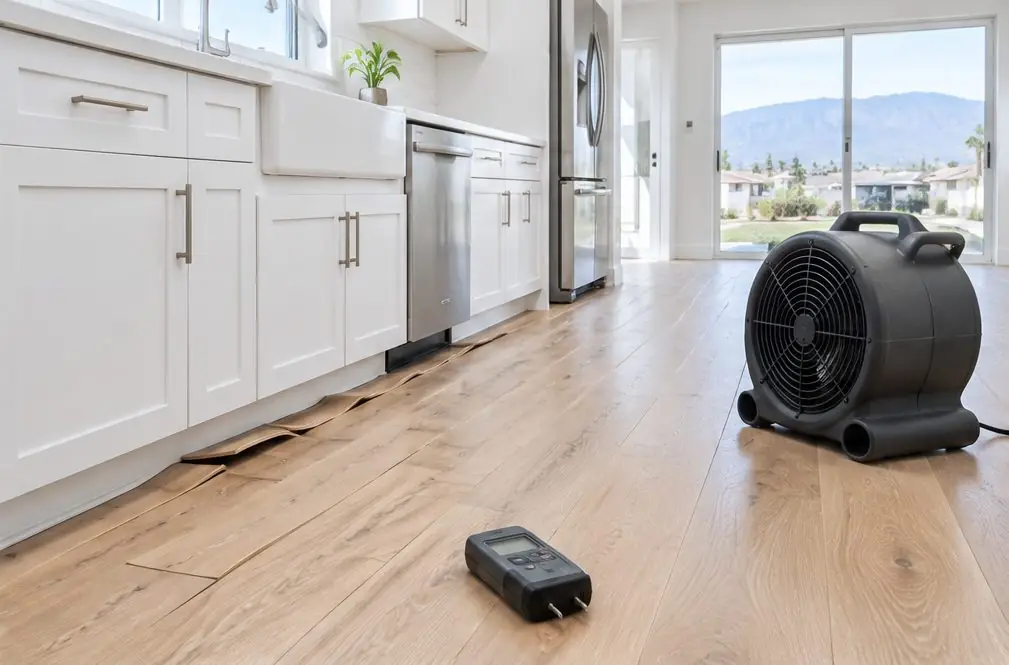 Illustration: a hardwood floor in an Ontario, CA kitchen with a few edges lifted and cupped near the sink cabinet, a moisture meter on the boards and a fan on the floor